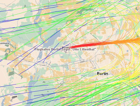 Eine Möglichkeit des Trackings: Flugverläufe in Berlin-Tegel am Nachmittag des 26. März. Quelle: DFS, stanly_track 