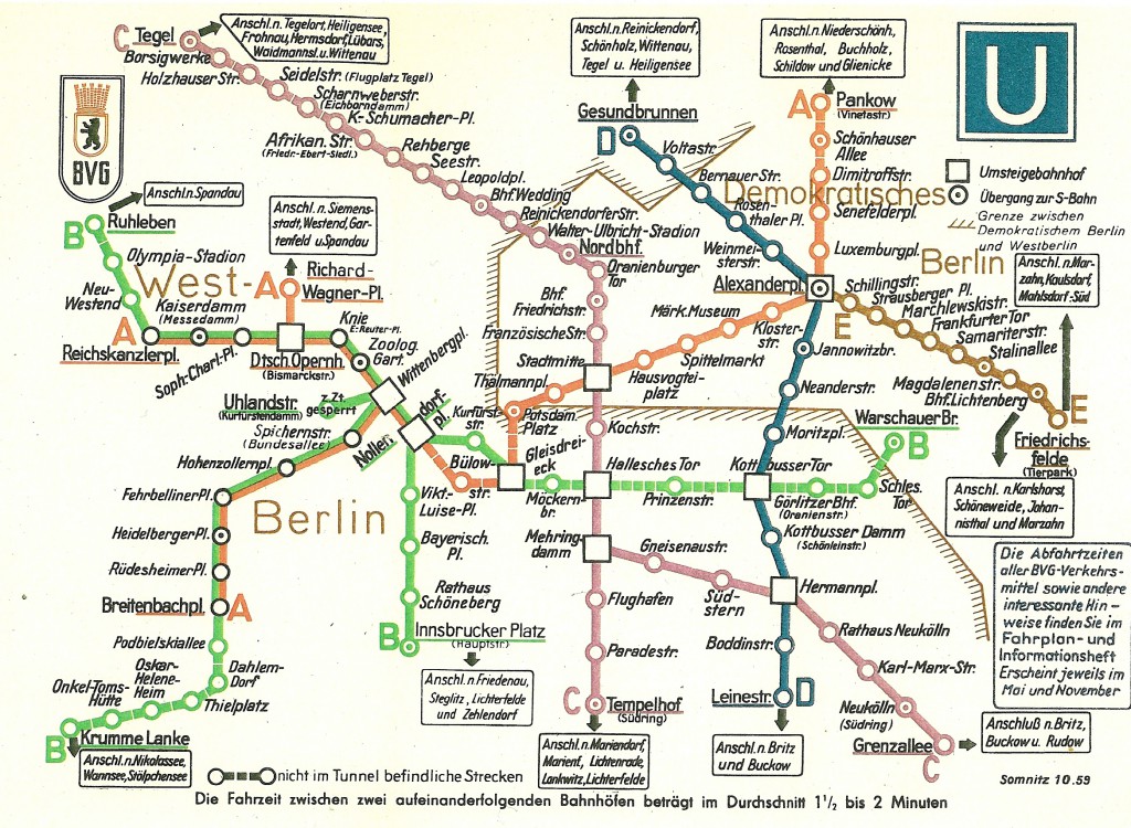 Netzkarte der BVB (Ost) 1959. Man beachte die feine Differenzierung zwischen "West-Berlin" und "Demokratischem Berlin". Plan: BVG-Archiv