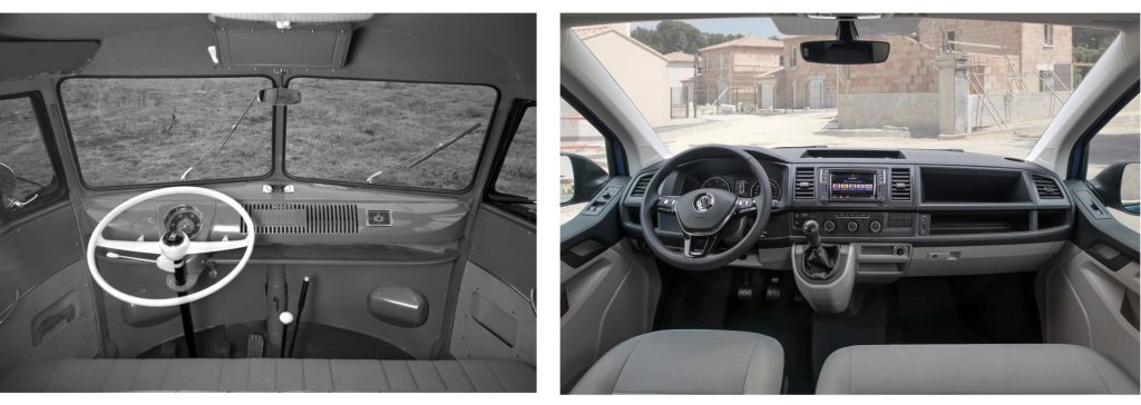 Kundenorientierung geht oft mit Sicherheitsoptimierung einher. Die Cockpits des VW-Bullis T1 (1950, links) und des aktuellen T6. Fotos: Volkswagen