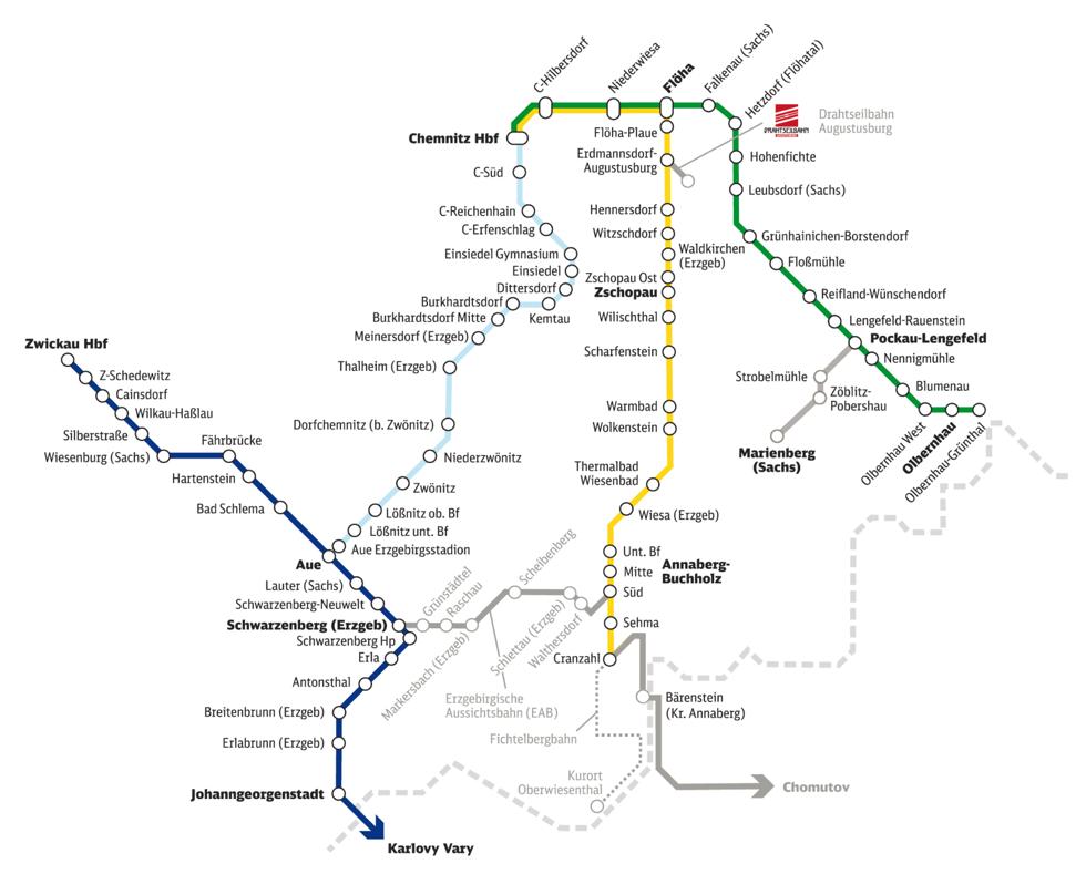 Streckenkarte der Erzgebirgsbahn. Es geht um die West-Ost-Strecke etwa in der Kartenmitte. Grafik: Erzgebirgsbahn